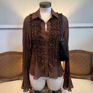 Vintage 90s Chocolate Ruffle Blouse with Lace and Flutter Sleeves Boho Fairycore